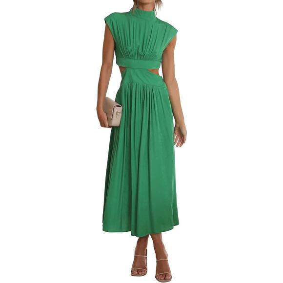 Green Cutout Midi Dress Womens XS Mock Neck Sexy Sleeveless Pleated Party Dress - Picture 15 of 15